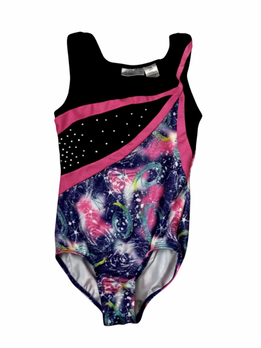 DANSKIN • Freestyle Black & Pink Galaxy Print Leotard with Rhinestones Dance Gym